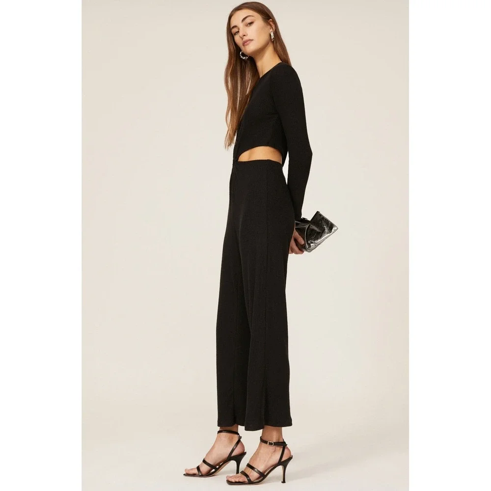 LNA Banx Black Ribbed Cutout Ring Detail Long Sleeve Jumpsuit Pantsuit XL
